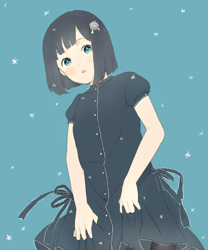 mosuko, original, bad id, 1girl, black hair, blue eyes, blush, bob cut, dress, female focus, short hair, simple background, solo