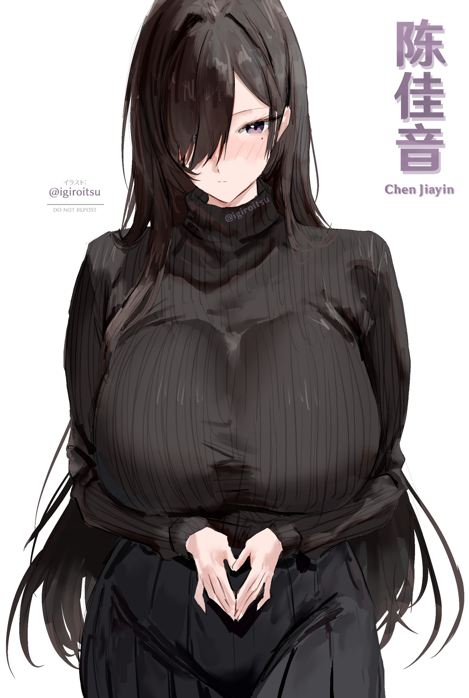 igiroitsu, original, absurdres, commentary request, highres, 1girl, black hair, black skirt, black sweater, breasts, closed mouth, hair over one eye, huge breasts, long sleeves, looking at viewer, mole, mole under eye, purple eyes, simple background, skirt, solo, sweater, turtleneck, turtleneck sweater, twitter username, white background