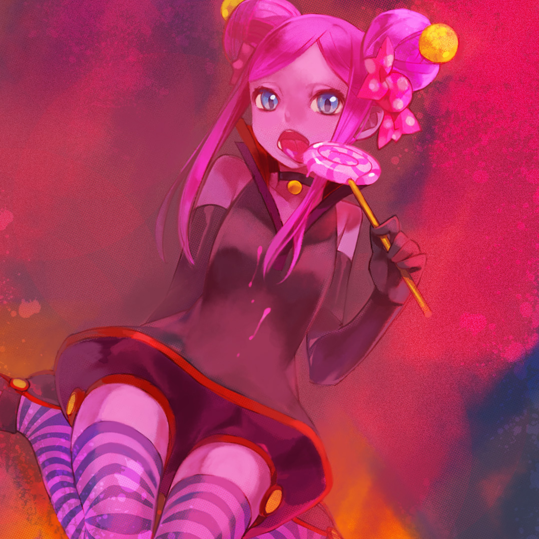 komagarita, komagata, card hero, bad id, bad pixiv id, blue eyes, candy, double bun, dress, elbow gloves, food, food-themed clothes, gloves, hair bun, kneeling, lollipop, long hair, pink hair, sitting, solo, striped clothes, striped thighhighs, swirl lollipop, thighhighs, wariza