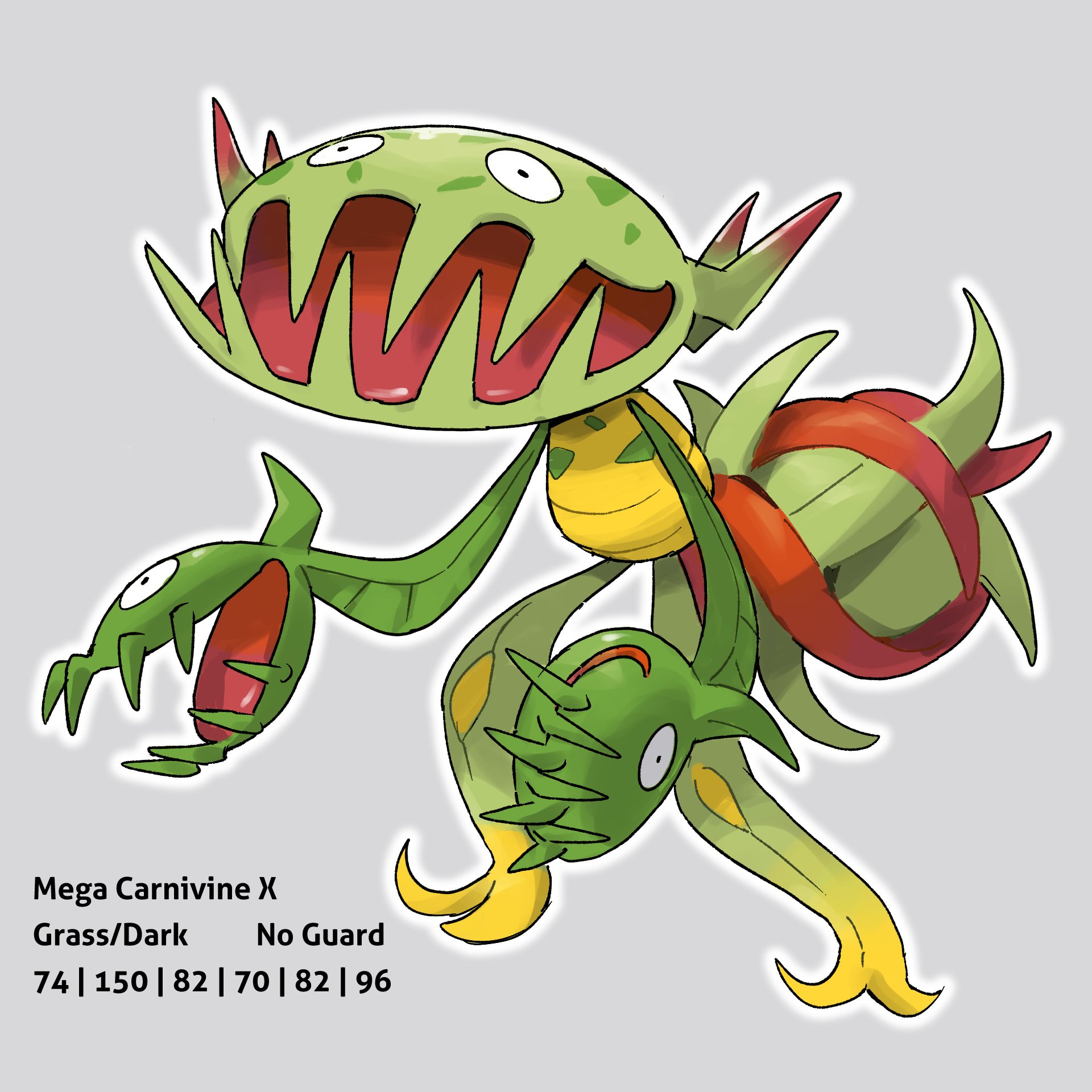 go-lurk, carnivine, nintendo, pokemon, commentary, highres, black eyes, character name, fakemon, full body, gen 4 pokemon, grey background, no humans, pokemon (creature), pokemon focus, simple background, solo, standing, stats