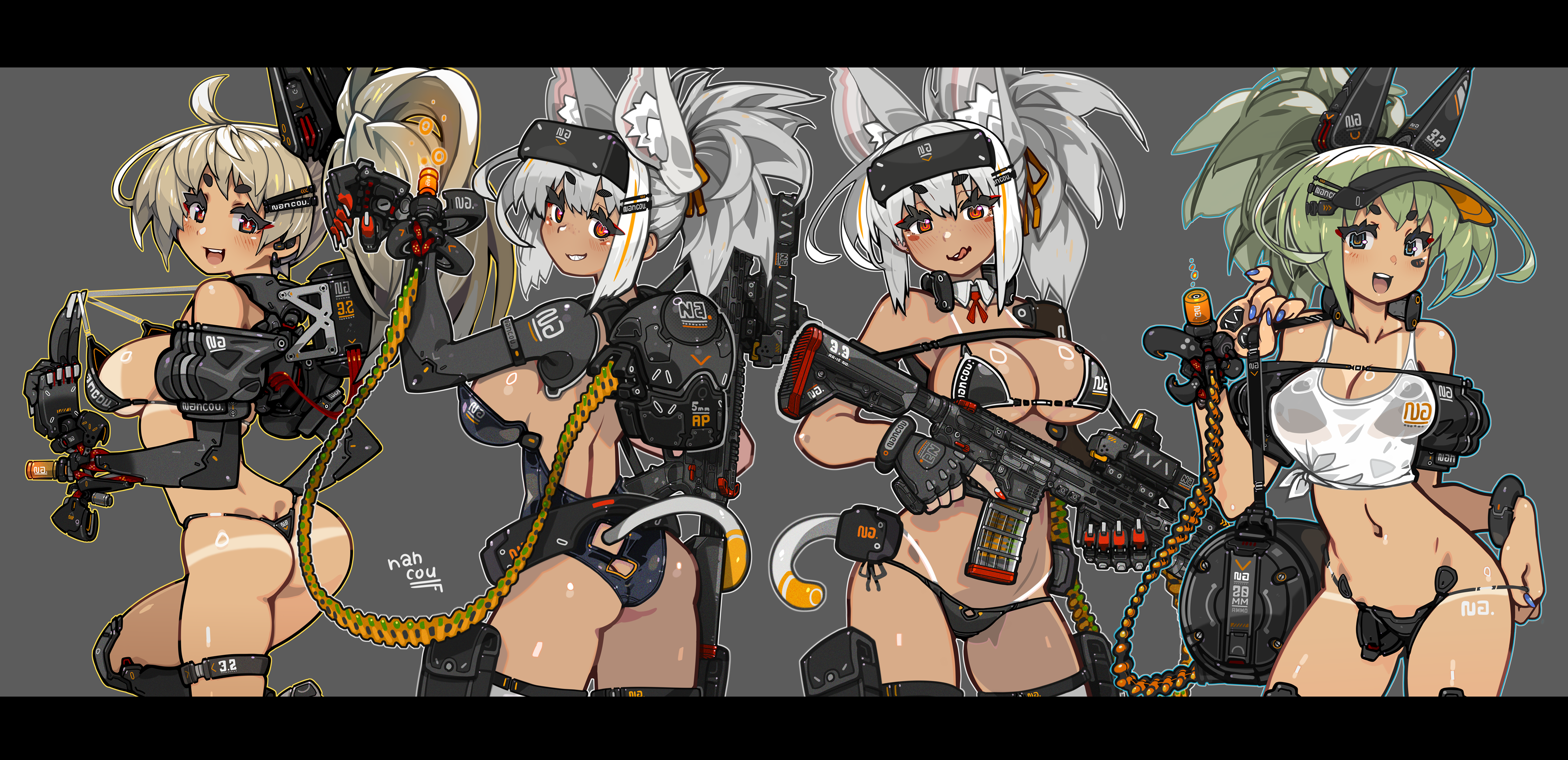 nancou (nankou), original, highres, animal ears, ass, bikini, black bikini, black gloves, black leotard, bracelet, breasts, camisole, cyborg, dark-skinned female, dark skin, fingerless gloves, gloves, grey hair, gun, holding, holding gun, holding weapon, jewelry, leotard, letterboxed, mechanical arms, mechanical ears, medium breasts, navel, open mouth, ponytail, red eyes, single mechanical arm, swimsuit, tail, tanline peek, trigger discipline, visor cap, weapon, white camisole, white hair