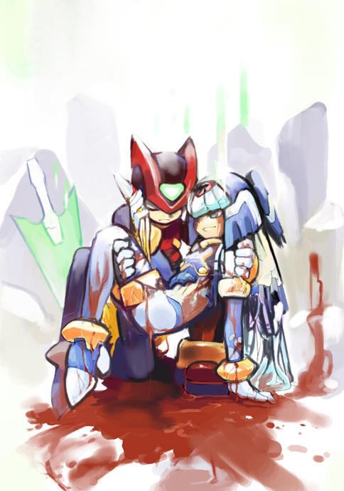 shigehiro (hiroi heya), fairy leviathan (mega man), zero(z) (mega man), zero (mega man), capcom, mega man (series), mega man zero (series), 1boy, 1girl, blood, carrying, dying