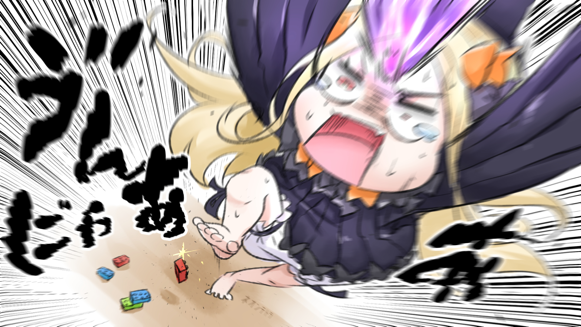 neon-tetora, abigail williams (fate), abigail williams (first ascension) (fate), fate/grand order, fate (series), commentary request, highres, 1girl, arms up, barefoot, black bow, black dress, blonde hair, bloomers, bow, dress, facial mark, forehead mark, hair bow, lego, lego brick, long hair, long sleeves, motion blur, open mouth, orange bow, pain, parted hair, red eyes, screaming, solo, stepping on lego, underwear, white bloomers