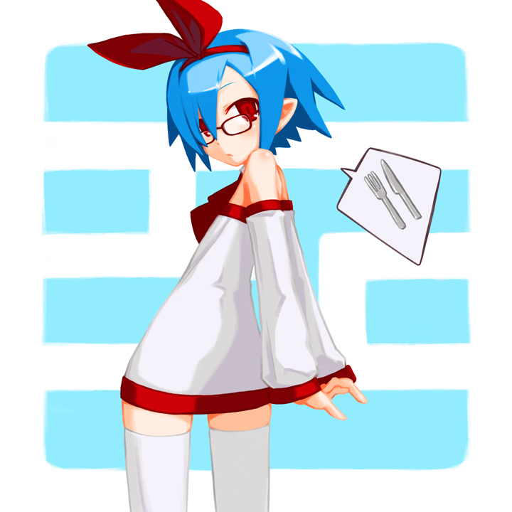 kurabayashi aya, pleinair, original, blue hair, blush, detached sleeves, flat chest, glasses, hair ribbon, looking back, pointy ears, red eyes, ribbon, short hair, solo, thighhighs, white thighhighs
