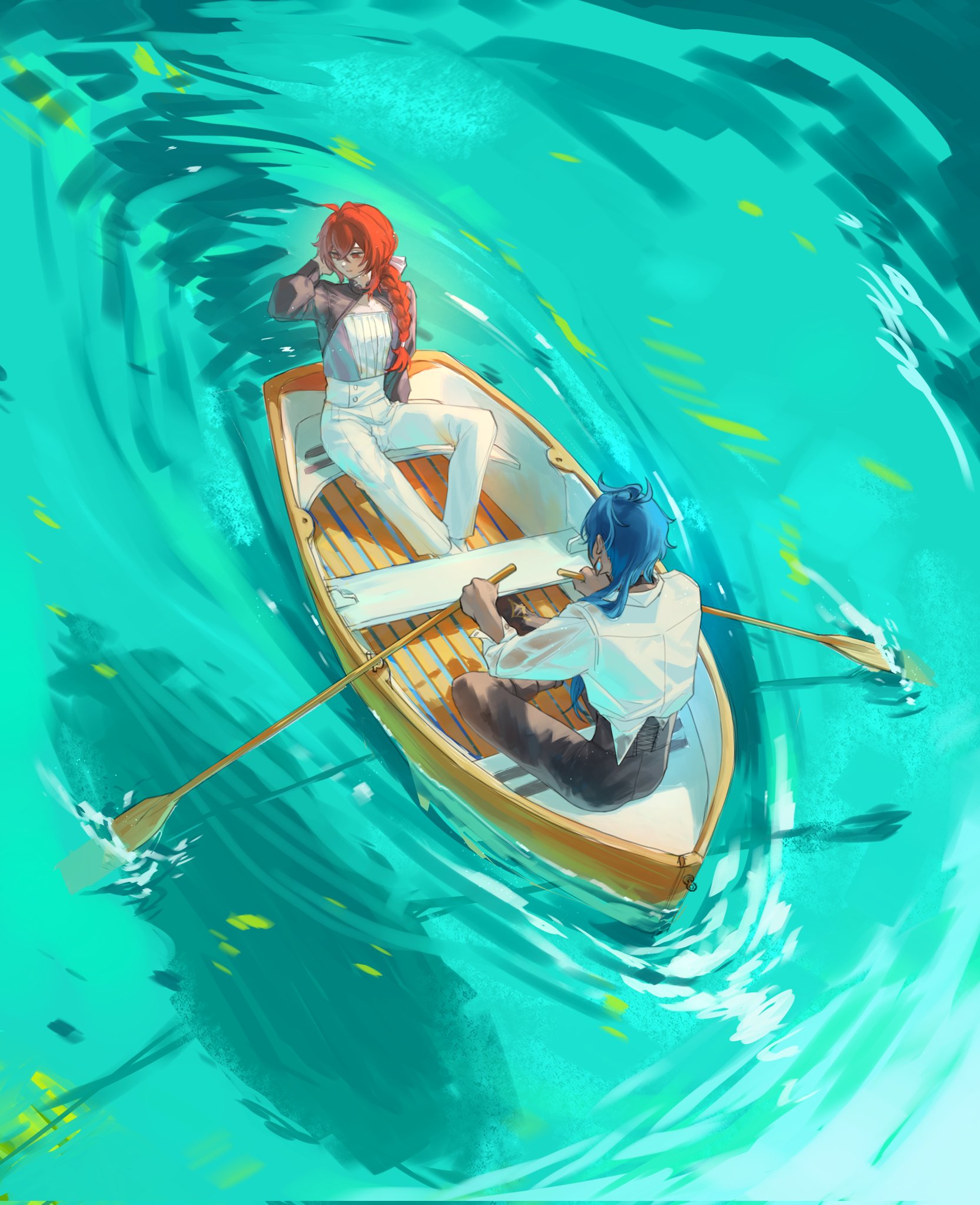 zehuij, diluc (genshin impact), kaeya (genshin impact), genshin impact, commentary request, highres, 2boys, black choker, black pants, blue hair, boat, braid, choker, closed mouth, dark-skinned male, dark skin, earrings, from above, full body, hair between eyes, holding, holding oar, jewelry, light smile, long hair, long sleeves, male focus, multiple boys, oar, on boat, pants, red eyes, red hair, rowboat, rowing, shirt, shirt tucked in, single braid, sitting, step-siblings, watercraft, wet, wet clothes, wet shirt, white pants