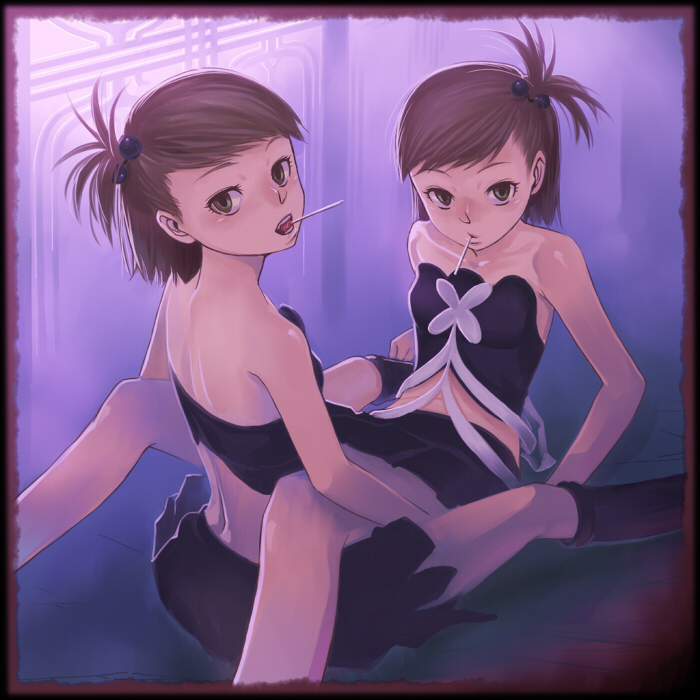 inu (aerodog), futami ami, futami mami, idolmaster, idolmaster (classic), idolmaster 1, 00s, 2girls, arm support, back, bare shoulders, blush, brown hair, candy, cute & girly (idolmaster), flat chest, food, hair bobbles, hair ornament, lollipop, looking at viewer, looking back, midriff, multiple girls, open mouth, short hair, siblings, sisters, sitting, skirt, straddling, teeth, thighs, twins, upright straddle