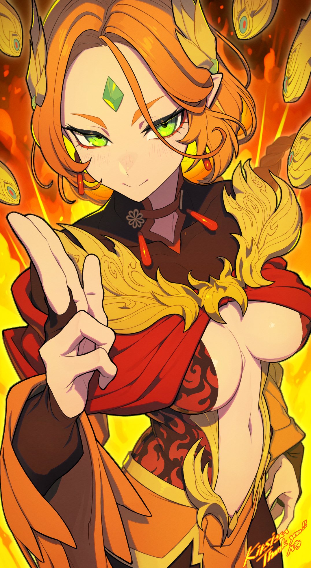 hata4564, original, commission, highres, skeb commission, 1girl, braid, breasts, breasts apart, center opening, earrings, eyeliner, fiery background, fire, flame print, forehead jewel, green eyes, hair ornament, hand up, jewelry, kuji-in, long hair, makeup, medium breasts, orange hair, red eyeliner, red shawl, shawl, single braid, solo, stomach