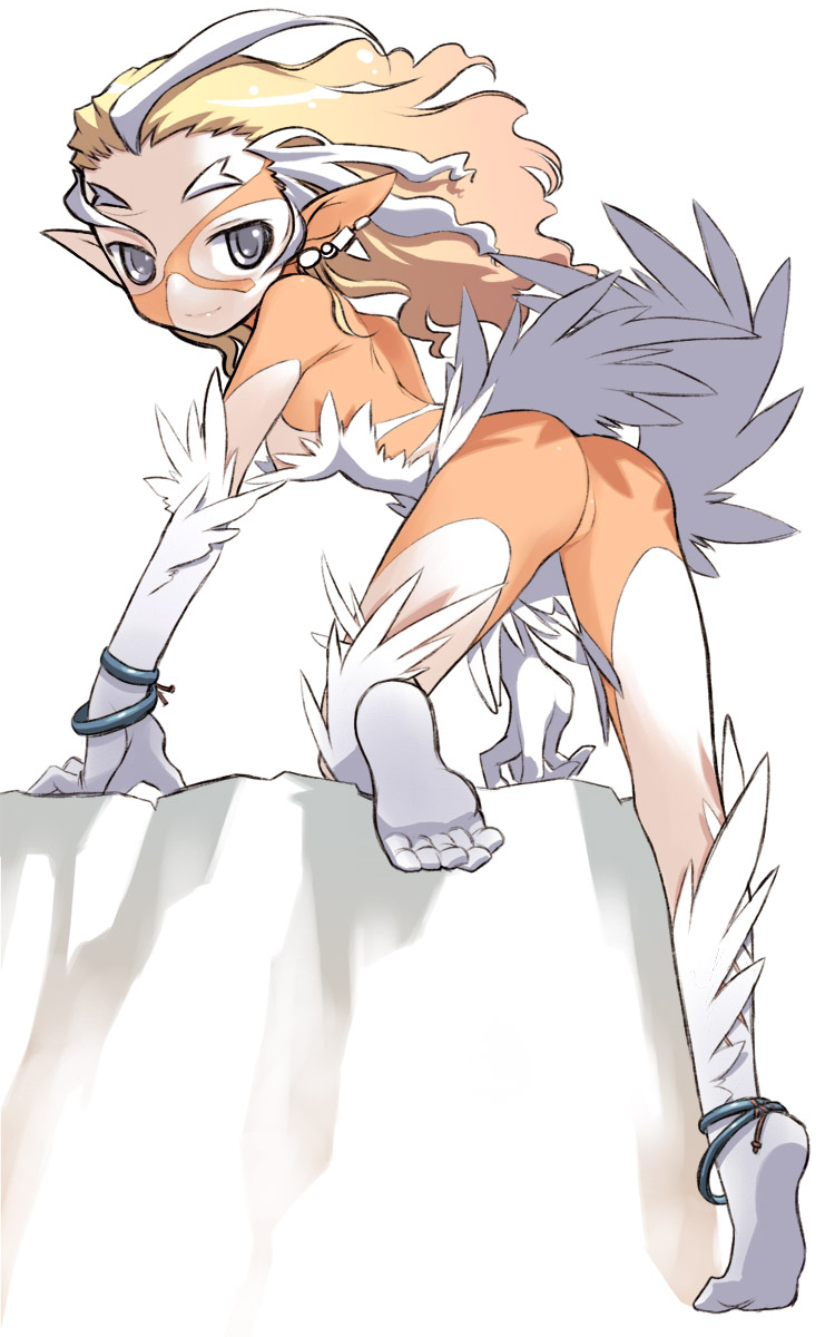 nakamura tetsuya, fur, bad id, bad pixiv id, highres, 1girl, anklet, ass, barefoot, blonde hair, bracelet, earrings, feet, female focus, jewelry, long hair, looking back, monster girl, pointy ears, smile, soles, solo