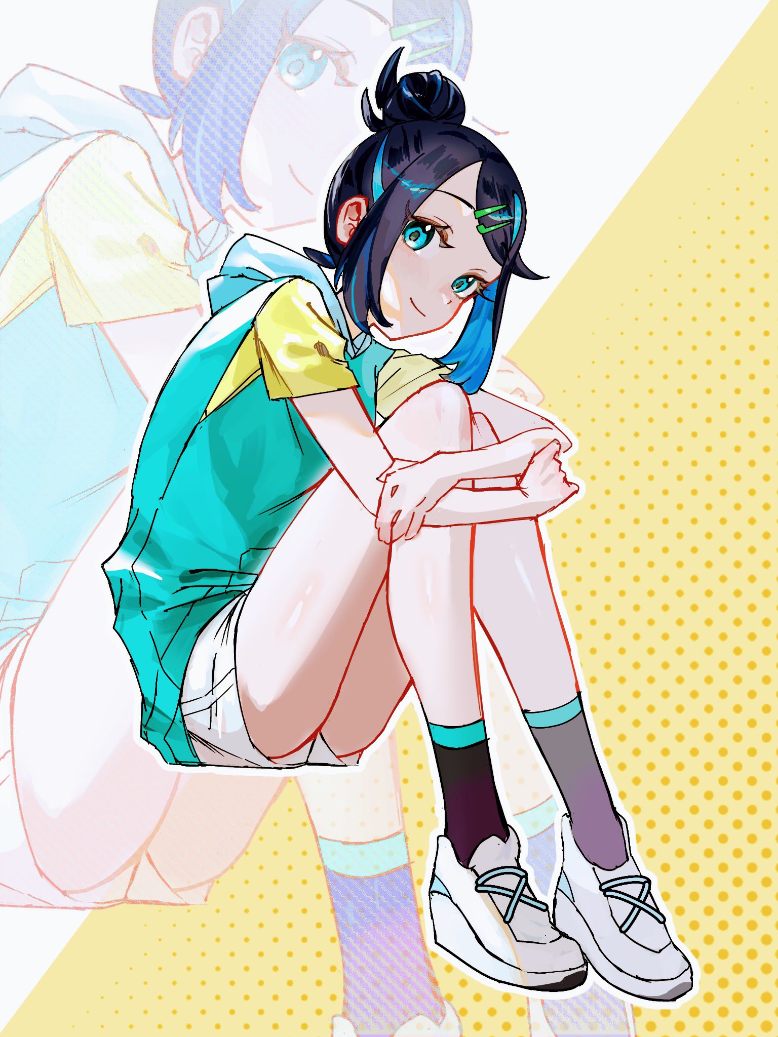 copituji, liko (pokemon), nintendo, pokemon, pokemon (anime), pokemon horizons, commentary request, highres, 1girl, aqua eyes, black hair, black socks, closed mouth, full body, green vest, hair bun, hair ornament, hairclip, hood, hood down, hooded vest, hoodie, hugging own legs, invisible chair, shirt, shoes, short sleeves, shorts, sitting, smile, socks, solo, swept bangs, vest, white shoes, white shorts, yellow shirt, zoom layer