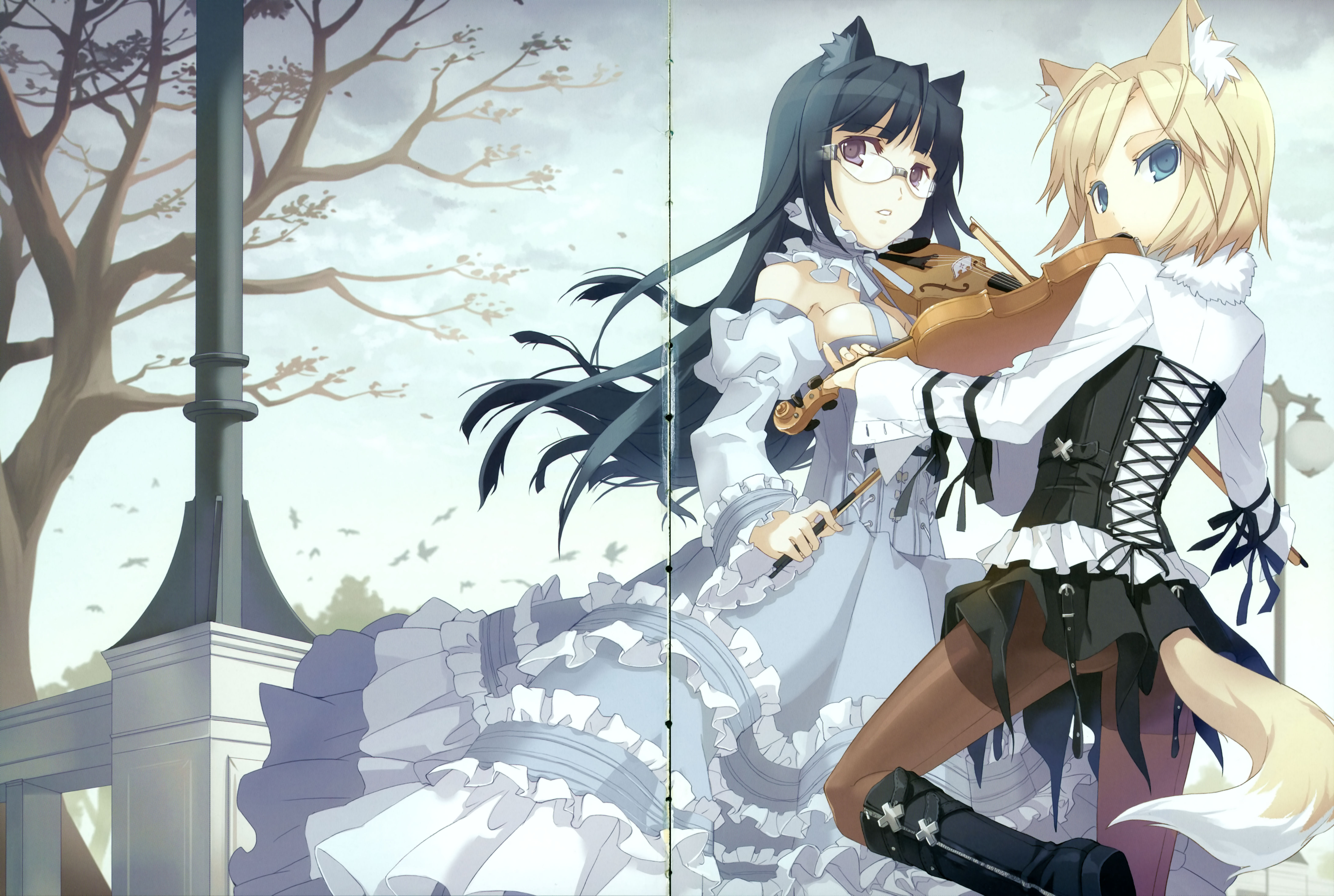 h2so4, original, absurdres, highres, 2girls, animal ears, ass, belt, belt skirt, bird, black hair, blonde hair, blue eyes, boots, breasts, cleavage, corset, crease, dress, glasses, instrument, long hair, microskirt, miniskirt, multiple girls, pantyhose, purple eyes, short hair, skirt, tree, violin, wind