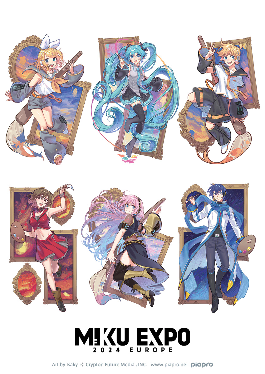 isakysaku, hatsune miku, kagamine len, kagamine rin, kaito (vocaloid), megurine luka, meiko (vocaloid), vocaloid, commentary, english commentary, highres, official art, second-party source, 2boys, 4girls, :d, aqua eyes, aqua hair, aqua necktie, artist name, belt, black belt, black boots, black leg warmers, black pants, black shirt, black shoes, black shorts, black skirt, black sleeves, black thighhighs, blonde hair, blue eyes, blue hair, blue scarf, boots, bow, bow hairband, brown boots, brown eyes, brown hair, character name, coat, collared shirt, company name, copyright name, copyright notice, cropped jacket, detached sleeves, gradient hair, grey leggings, grey sailor collar, grey shirt, grey shorts, grey sleeves, hair between eyes, hairband, hatsune miku expo, holding, holding paint palette, holding paintbrush, jacket, leg warmers, leggings, long hair, long sleeves, multicolored hair, multiple boys, multiple girls, neckerchief, necktie, open mouth, paint, paint palette, paintbrush, painting (object), pants, pink hair, pleated skirt, red jacket, red skirt, sailor collar, scarf, shirt, shoes, shorts, side slit, single detached sleeve, skirt, sleeveless, sleeveless shirt, smile, spiked hair, teeth, thighhighs, tie clip, tongue, twintails, upper teeth only, very long hair, white background, white bow, white coat, white hairband, white shirt, white shoes, yellow belt, yellow boots, yellow neckerchief, yellow necktie, yellow sleeves