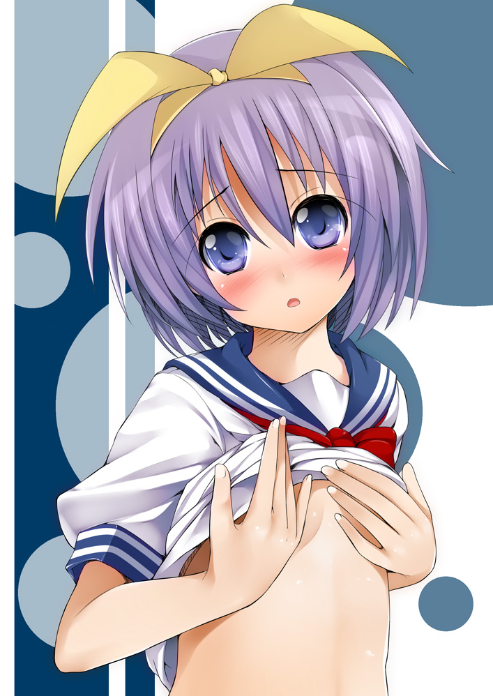 a.betty, betty (pixiv), hiiragi tsukasa, lucky star, bad id, bad pixiv id, 00s, 1girl, blue eyes, blush, breasts, clothes lift, covering breasts, covering privates, female focus, hair ribbon, purple hair, ribbon, school uniform, serafuku, shirt lift, short hair, solo