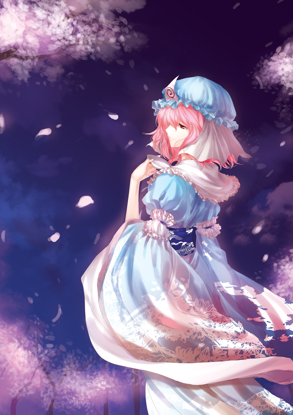 irua, saigyouji yuyuko, touhou, highres, 1girl, cherry blossoms, cup, dress, female focus, hat, japanese clothes, kimono, nature, outdoors, petals, pink eyes, pink hair, plant, sakazuki, short hair, sky, solo
