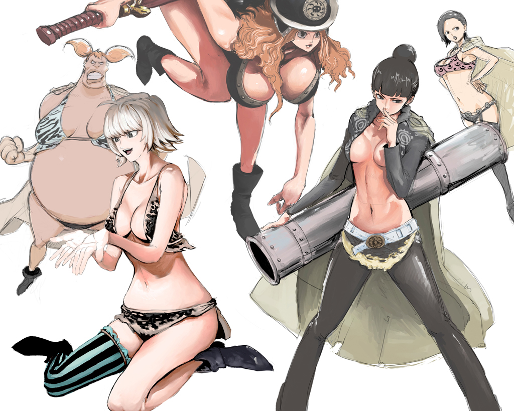 iridori, aphelandra, marguerite (one piece), ran (one piece), rindou (one piece), sweet pea (one piece), one piece, 5girls, amazon warrior, angry, asymmetrical clothes, belt, bent over, bikini, black hair, boots, breasts, cleavage, cleavage cutout, clenched teeth, clothing cutout, fat, finger to mouth, hands on own hips, hat, huge breasts, kneeling, large breasts, midriff, multiple girls, no bra, open clothes, open shirt, orange hair, pirate, plump, shirt, short hair, short twintails, single thighhigh, swimsuit, sword, teeth, thighhighs, twintails, weapon, white hair