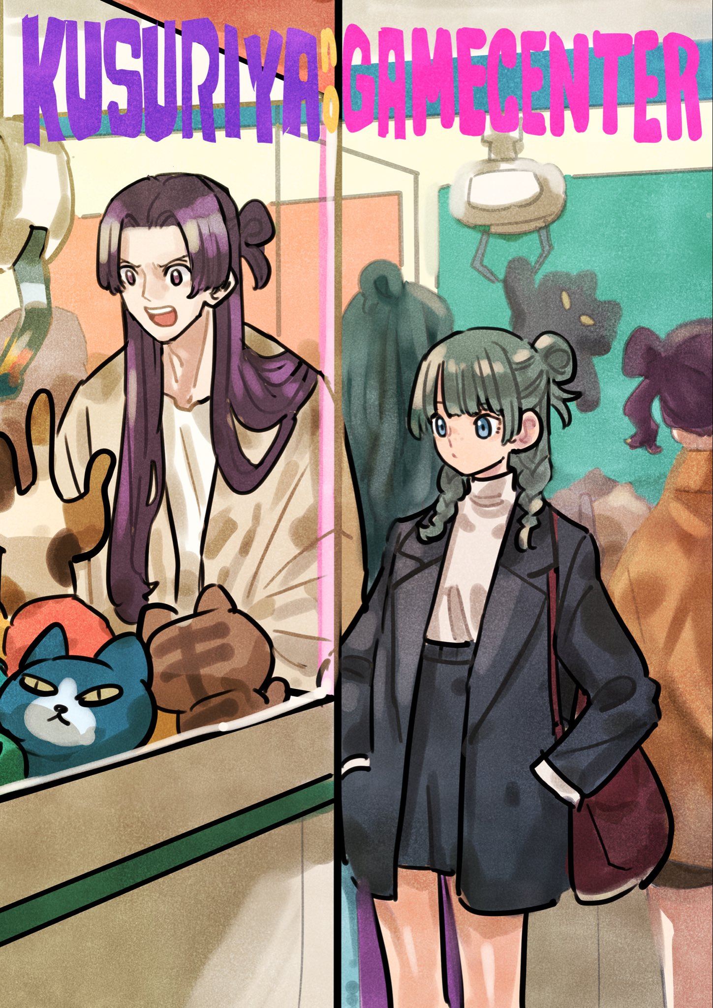 takeuchi ryousuke, jinshi (kusuriya no hitorigoto), maomao (kusuriya no hitorigoto), kusuriya no hitorigoto, highres, 1boy, 1girl, bag, black jacket, black skirt, blue eyes, blunt bangs, braid, cat, cowboy shot, crane game, furrowed brow, hair bun, half updo, hands in pockets, jacket, open mouth, parted bangs, shoulder bag, sidelocks, skirt, suit jacket, sweater, turtleneck, twin braids, white sweater