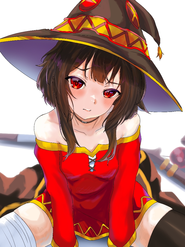 kometsubu xyz (mangoro), megumin, kono subarashii sekai ni shukufuku wo!, commentary, 1girl, arm support, asymmetrical legwear, bandaged leg, bandages, bare shoulders, black cape, black choker, black hat, black thighhighs, blush, breasts, bright pupils, brown hair, cape, choker, collarbone, dress, hair over shoulder, hat, leaning forward, long sleeves, looking at viewer, mage staff, naughty face, parted lips, raised eyebrows, red dress, red eyes, short dress, short hair, short hair with long locks, sidelocks, simple background, single thighhigh, skindentation, small breasts, solo, spread legs, staff, thighhighs, unworn cape, white background, witch hat, yellow trim