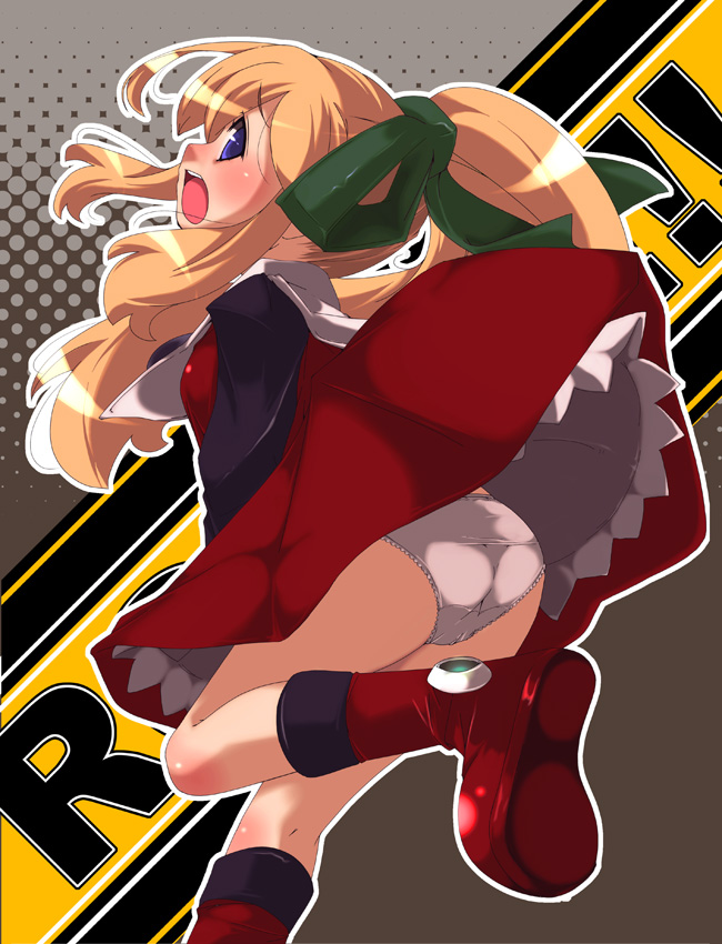 yamazaki kazu, roll (mega man), capcom, mega man (classic), mega man (series), bad id, bad pixiv id, 1girl, ass, blonde hair, blush, boots, clothes lift, covering crotch, covering privates, dress, dress lift, dress tug, female focus, lace, lace-trimmed panties, lace trim, lingerie, long hair, panties, pantyshot, petticoat, red dress, red skirt, skirt, solo, underwear, upskirt, white panties, wind, wind lift