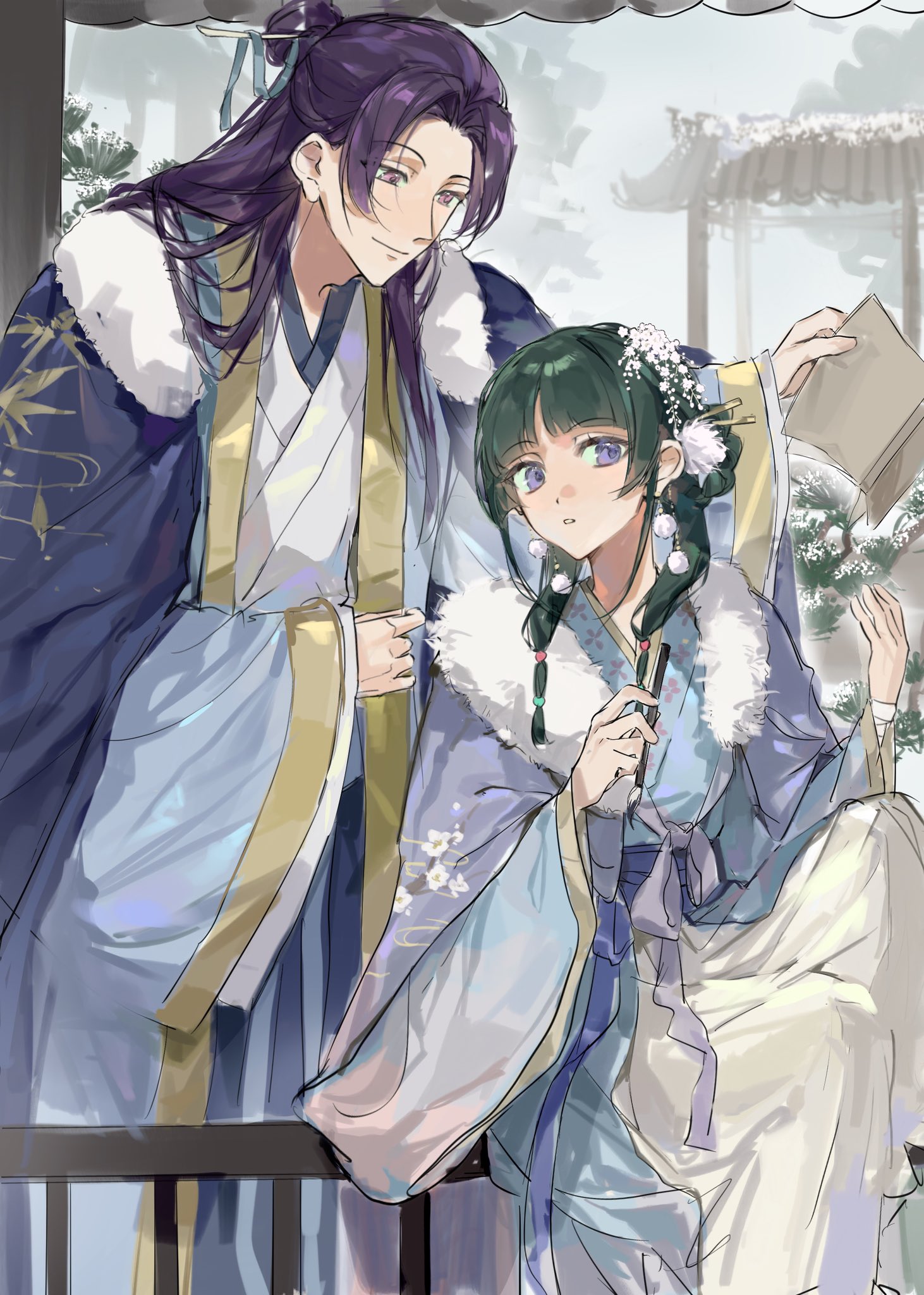 yuikisezu, jinshi (kusuriya no hitorigoto), maomao (kusuriya no hitorigoto), kusuriya no hitorigoto, highres, 1boy, 1girl, beads, blue eyes, blunt bangs, chinese clothes, chinese hairpin, coat, fur-trimmed coat, fur trim, green hair, hair beads, hair ornament, half updo, light smile, long hair, parted bangs, parted lips, pink eyes, purple hair, sidelocks, snow, upper body, wide sleeves, winter