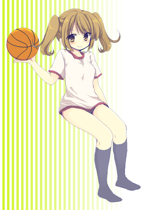 matsusaka gyuu, bad id, bad pixiv id, 1girl, ball, basketball, basketball (object), blush, bottomless, brown eyes, brown hair, female focus, gym uniform, kneehighs, legs, no pants, smile, socks, solo, twintails