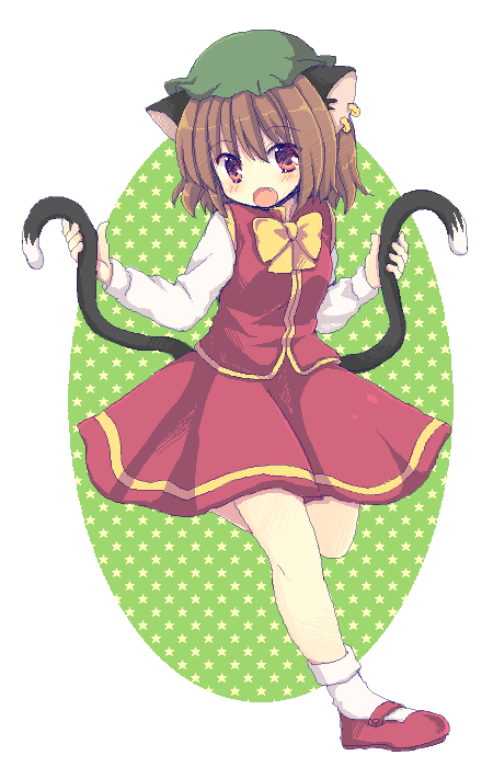 matsusaka gyuu, chen, touhou, bad id, bad pixiv id, 1girl, animal ears, blush, bow, bowtie, brown hair, cat ears, cat girl, cat tail, ear piercing, earrings, fang, female focus, full body, hat, jewelry, looking at viewer, mary janes, multiple tails, oekaki, open mouth, piercing, red eyes, shoes, short hair, solo, standing, standing on one leg, tail