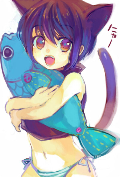 ame yamori, bad id, bad pixiv id, 1girl, animal ears, brown eyes, brown hair, child, fang, female focus, fish, happy, hug, hugging object, midriff, nyan, open mouth, panties, short hair, side-tie panties, solo, striped clothes, striped panties, tail, underwear