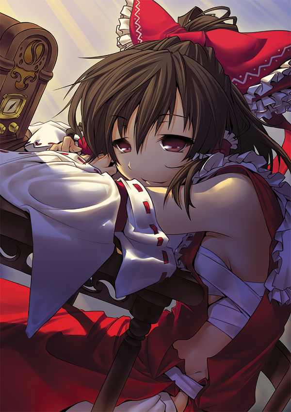 nilitsu, hakurei reimu, touhou, 1girl, breasts, brown hair, detached sleeves, female focus, japanese clothes, long hair, miko, pink eyes, sarashi, small breasts, smile, solo