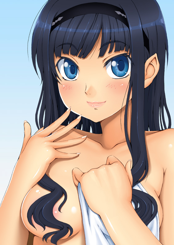 kasanui, morishima haruka, amagami, bad id, bad pixiv id, 1girl, areola slip, black hair, blue eyes, blush, breasts, collarbone, female focus, fingernails, gradient background, hair censor, hair over breasts, hairband, lips, long hair, looking at viewer, medium breasts, nude, smile, solo, towel, upper body