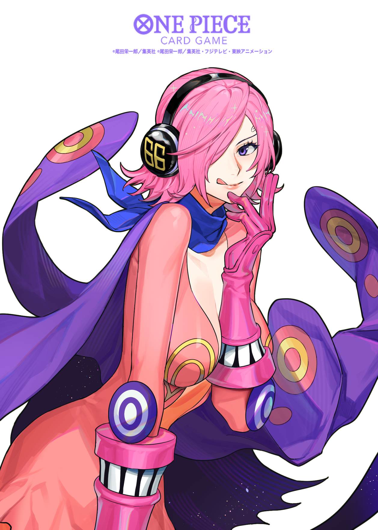 sunohara (encount), vinsmoke reiju, one piece, one piece card game, commentary request, highres, official art, 1girl, blue neckerchief, copyright name, curly eyebrows, dress, eyelashes, floating clothes, gloves, hair over one eye, headphones, looking at viewer, medium hair, neckerchief, pink dress, pink gloves, pink hair, plunging neckline, purple eyes, simple background, smile, solo, white background