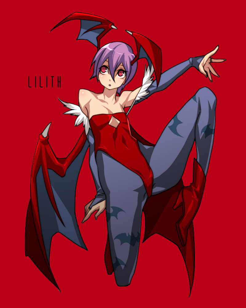 makuro, lilith (darkstalkers), capcom, darkstalkers, bad id, bad pixiv id, 1girl, animal print, bare shoulders, bat print, boots, character name, demon girl, detached sleeves, female focus, flat chest, head wings, legs, leotard, pantyhose, print pantyhose, purple hair, red eyes, red leotard, short hair, solo, wings