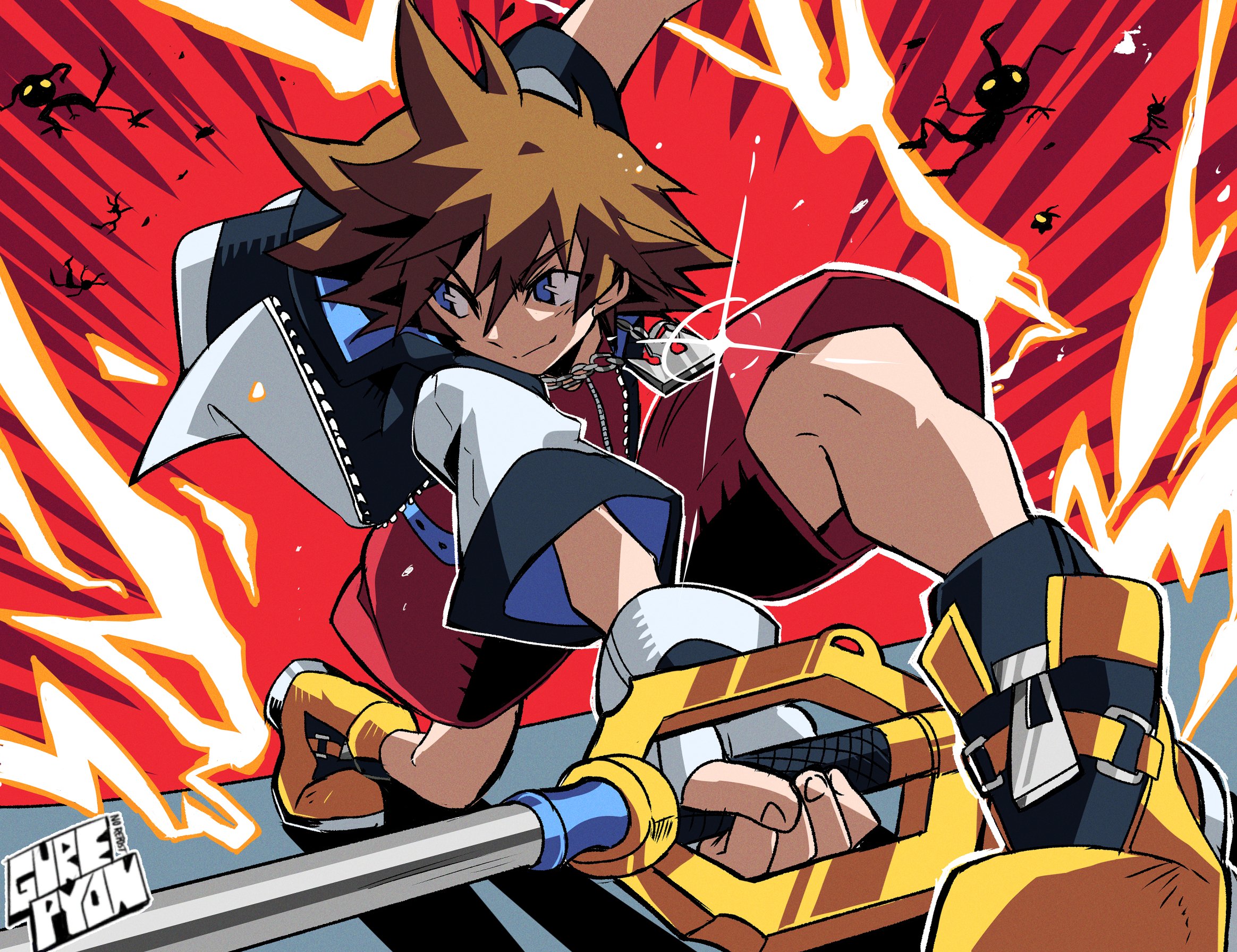 gurepyon, sora (kingdom hearts), kingdom hearts, highres, 1boy, artist name, blue eyes, boots, brown hair, chain, chain necklace, closed mouth, creature, cropped jacket, fingerless gloves, gloves, hair between eyes, heartless (kingdom hearts), holding, holding weapon, jewelry, keyblade, male focus, necklace, red background, red shoes, shoes, short hair, smile, spiked hair, weapon, yellow boots, yellow eyes