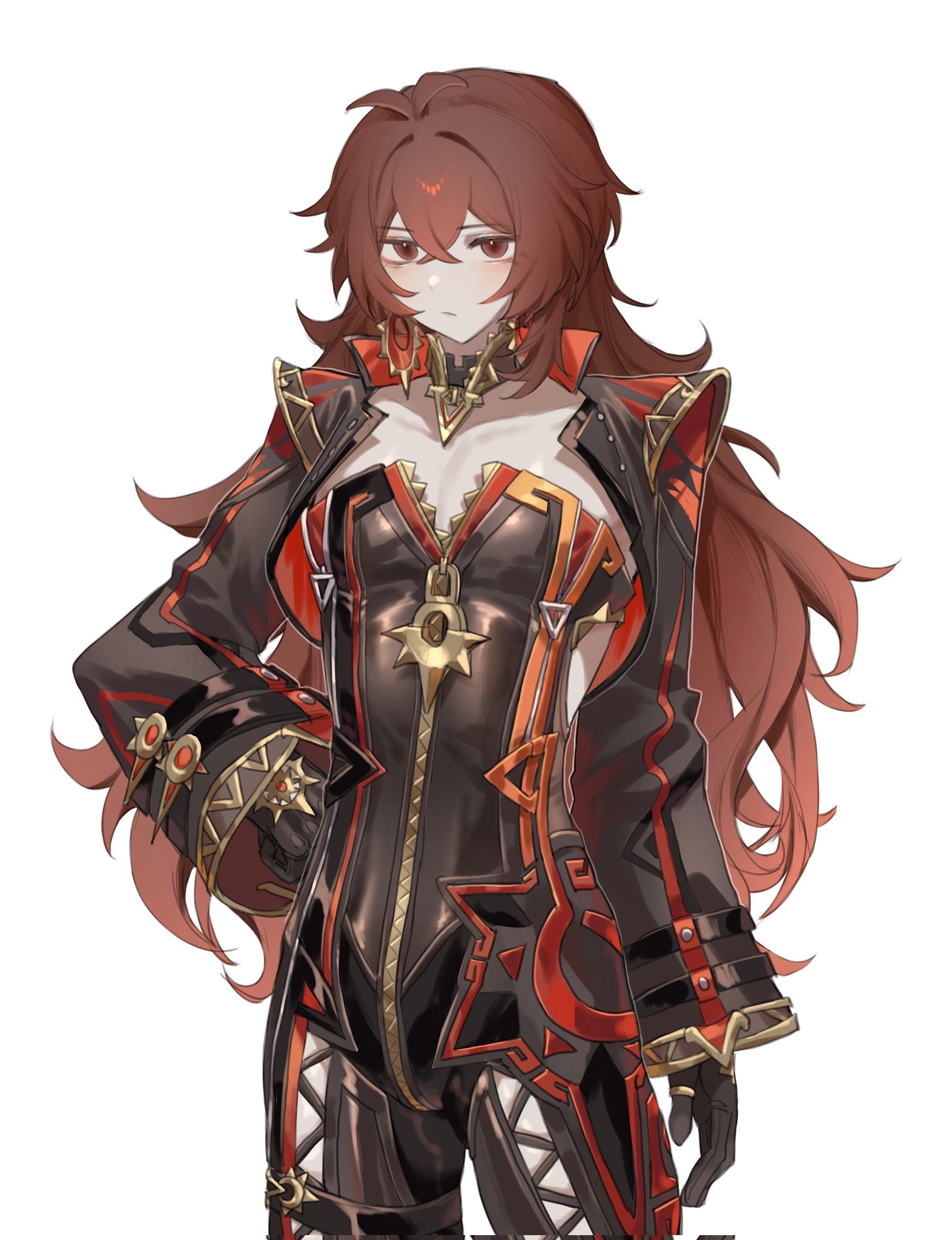 zehuij, diluc (genshin impact), mavuika (genshin impact), genshin impact, highres, 1boy, alternate costume, black gloves, choker, closed mouth, cosplay, cowboy shot, crossdressing, crossdressing (mtf), gloves, hair between eyes, long hair, long sleeves, looking at viewer, male focus, mavuika (genshin impact) (cosplay), red eyes, red hair, simple background, solo, thumb ring, white background, zipper