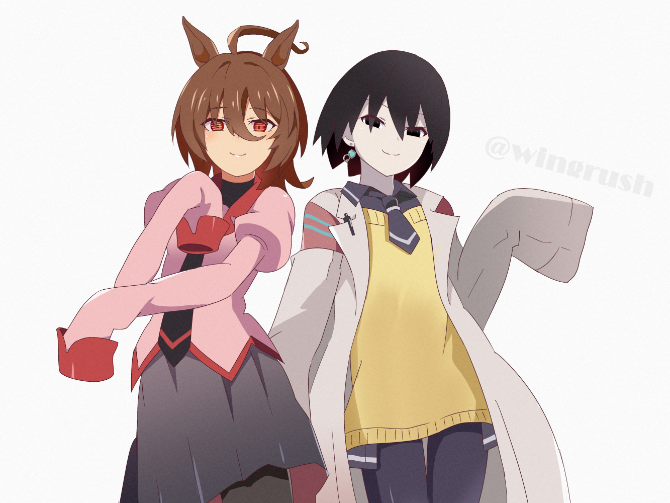 fooring, agnes tachyon (tach-nology) (umamusume), agnes tachyon (umamusume), oshino ougi, monogatari (series), umamusume, commentary, 2girls, agnes tachyon (umamusume) (cosplay), ahoge, animal ears, artist name, black eyes, black necktie, black shirt, bob cut, breasts, brown hair, chemical structure, closed mouth, coat, collared shirt, cosplay, costume switch, cowboy shot, dress shirt, earrings, grey skirt, hair between eyes, hair over eyes, hem peeking out, horse ears, horse girl, jewelry, juliet sleeves, lab coat, light blush, long bangs, long sleeves, looking at viewer, multiple girls, naoetsu high school uniform, necktie, open clothes, open coat, oshino ougi (cosplay), pale skin, pantyhose, pen, pink shirt, pleated skirt, puffy sleeves, red eyes, red trim, school uniform, shirt, short hair, short necktie, side-by-side, single earring, skirt, sleeves past fingers, sleeves past wrists, small breasts, smile, standing, sweater vest, trait connection, turtleneck, twitter username, very long sleeves, white coat, wolf cut, yellow sweater vest