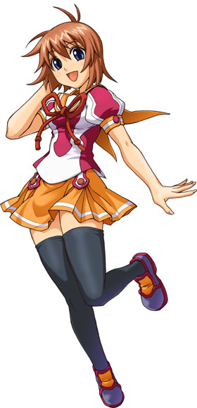 anna (yogurting), yogurting, 1girl, blue eyes, brown hair, female focus, laughing, miniskirt, shoes, short hair, skirt, smile, solo, thighhighs, zettai ryouiki