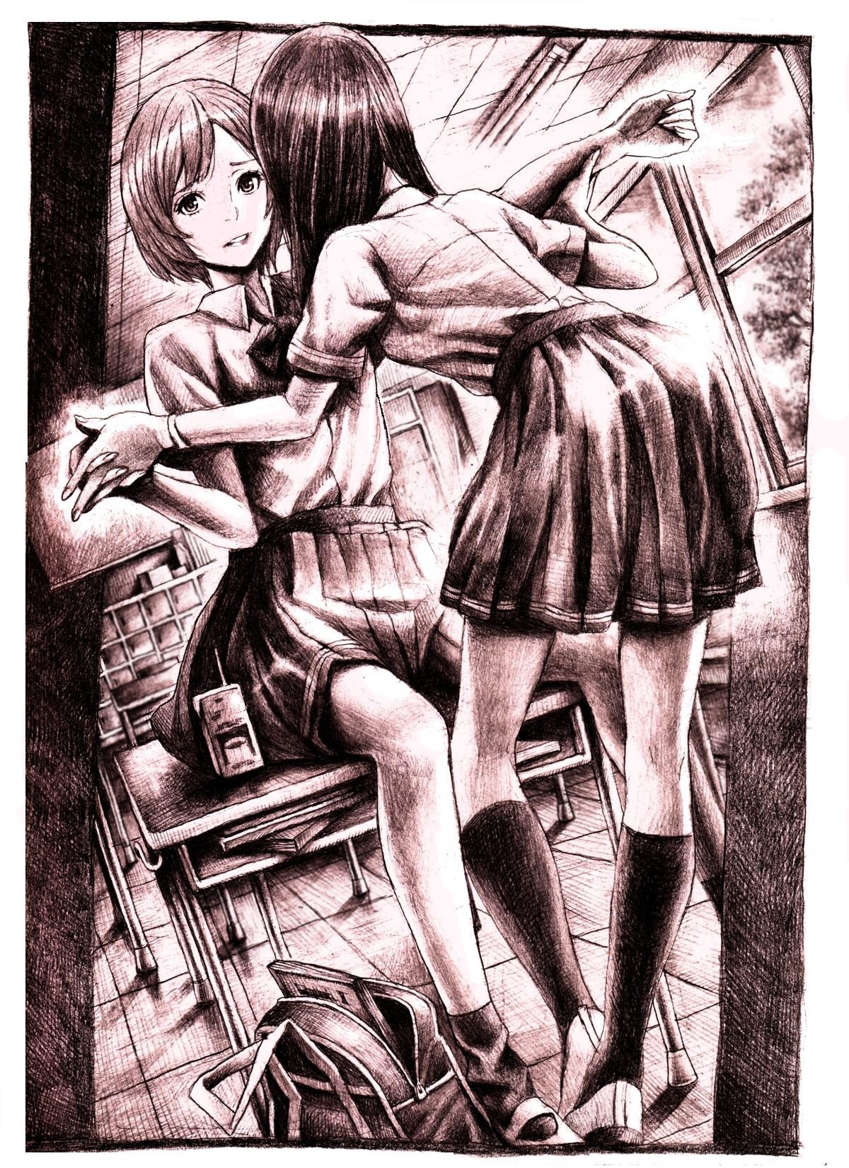 nobita (makoto7060355), original, highres, traditional media, 2girls, bag, classroom, desk, dutch angle, holding hands, long hair, monochrome, multiple girls, pink theme, school, school desk, school uniform, short hair, skirt, socks