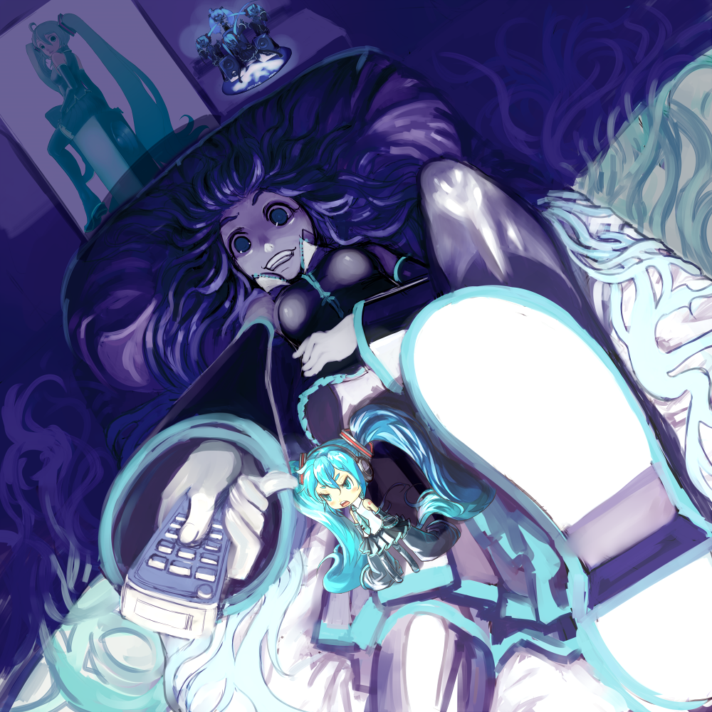 kansou samehada, hatsune miku, vocaloid, bad id, bad pixiv id, chibi, controller, crazy eyes, detached sleeves, hat, long hair, mini person, minigirl, remote control, solo, very long hair, witch hat