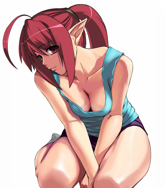 nyamota, bad id, bad pixiv id, 1girl, breasts, cleavage, collarbone, elf, female focus, kneeling, legs, long hair, pointy ears, ponytail, red hair, solo