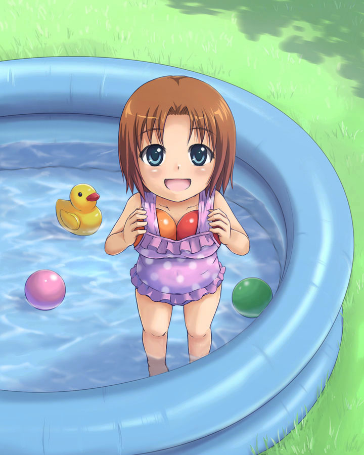 beidan, 1girl, ball, bird, blue eyes, blush, breast padding, brown hair, child, duck, female focus, grass, in water, looking at viewer, one-piece swimsuit, open mouth, partially submerged, polka dot, polka dot swimsuit, pool, rubber duck, short hair, smile, solo, swimsuit, wading pool, water