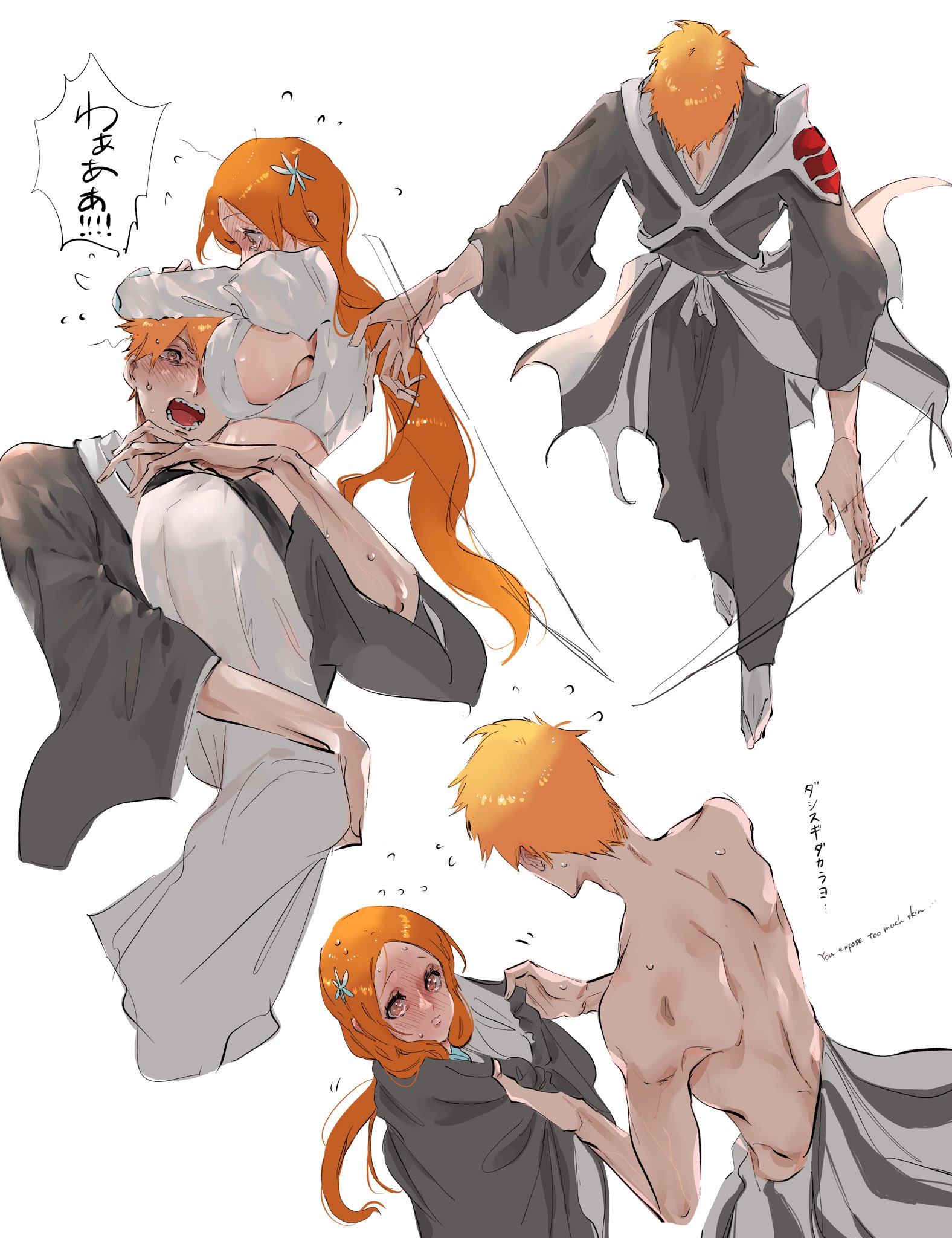mozukurinn, inoue orihime, kurosaki ichigo, bleach, highres, 1boy, 1girl, arm around waist, armor, black kimono, blush, breasts, brown eyes, couple, crop top, hair ornament, hetero, japanese clothes, juliet sleeves, kimono, large breasts, long hair, long skirt, long sleeves, midriff, open mouth, orange hair, puffy sleeves, shihakusho, short hair, shoulder armor, sideboob, skirt, snowflake hair ornament, sweatdrop, topless male, white background
