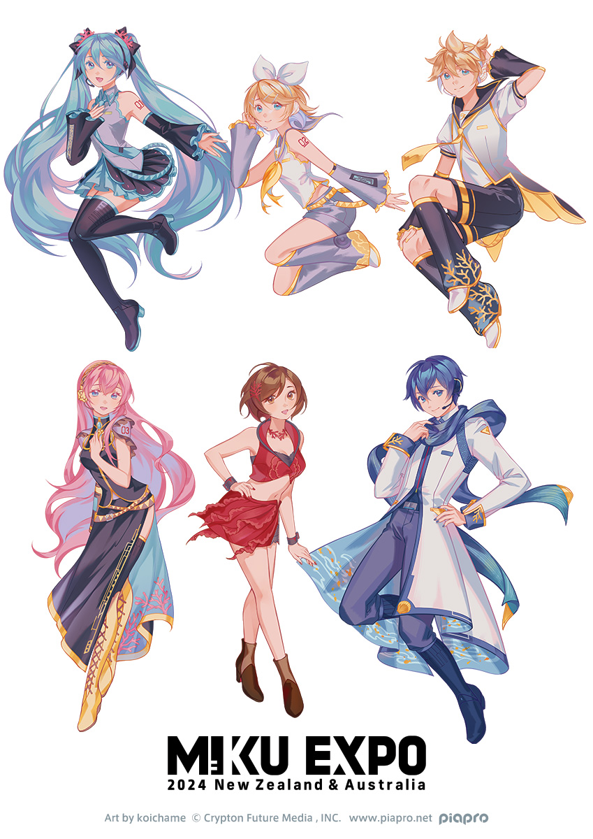 koichame, hatsune miku, kagamine len, kagamine rin, kaito (vocaloid), megurine luka, meiko (vocaloid), commentary, english commentary, highres, official art, second-party source, 2boys, 4girls, :d, aqua eyes, aqua hair, aqua necktie, arm tattoo, artist name, black boots, black leg warmers, black sailor collar, black shirt, black shorts, black skirt, black sleeves, black thighhighs, blonde hair, blue eyes, blue hair, blue scarf, boots, bow, bow hairband, breasts, brooch, brown boots, brown hair, character name, cleavage, coat, collared shirt, company name, copyright name, copyright notice, coral print, cropped jacket, detached sleeves, fingernails, grey leg warmers, grey pants, grey sailor collar, grey shirt, grey shorts, grey sleeves, hair between eyes, hairband, hatsune miku expo, headset, jacket, jewelry, leg warmers, long hair, long sleeves, multiple boys, multiple girls, nail polish, neckerchief, necktie, number tattoo, open mouth, pants, pink hair, pleated skirt, red jacket, red nails, sailor collar, scarf, shirt, shoes, shorts, side slit, skirt, sleeveless, sleeveless shirt, smile, spiked hair, tattoo, thigh boots, thighhighs, tie clip, twintails, very long hair, white background, white bow, white coat, white hairband, white shirt, white shoes, yellow boots, yellow neckerchief, yellow necktie
