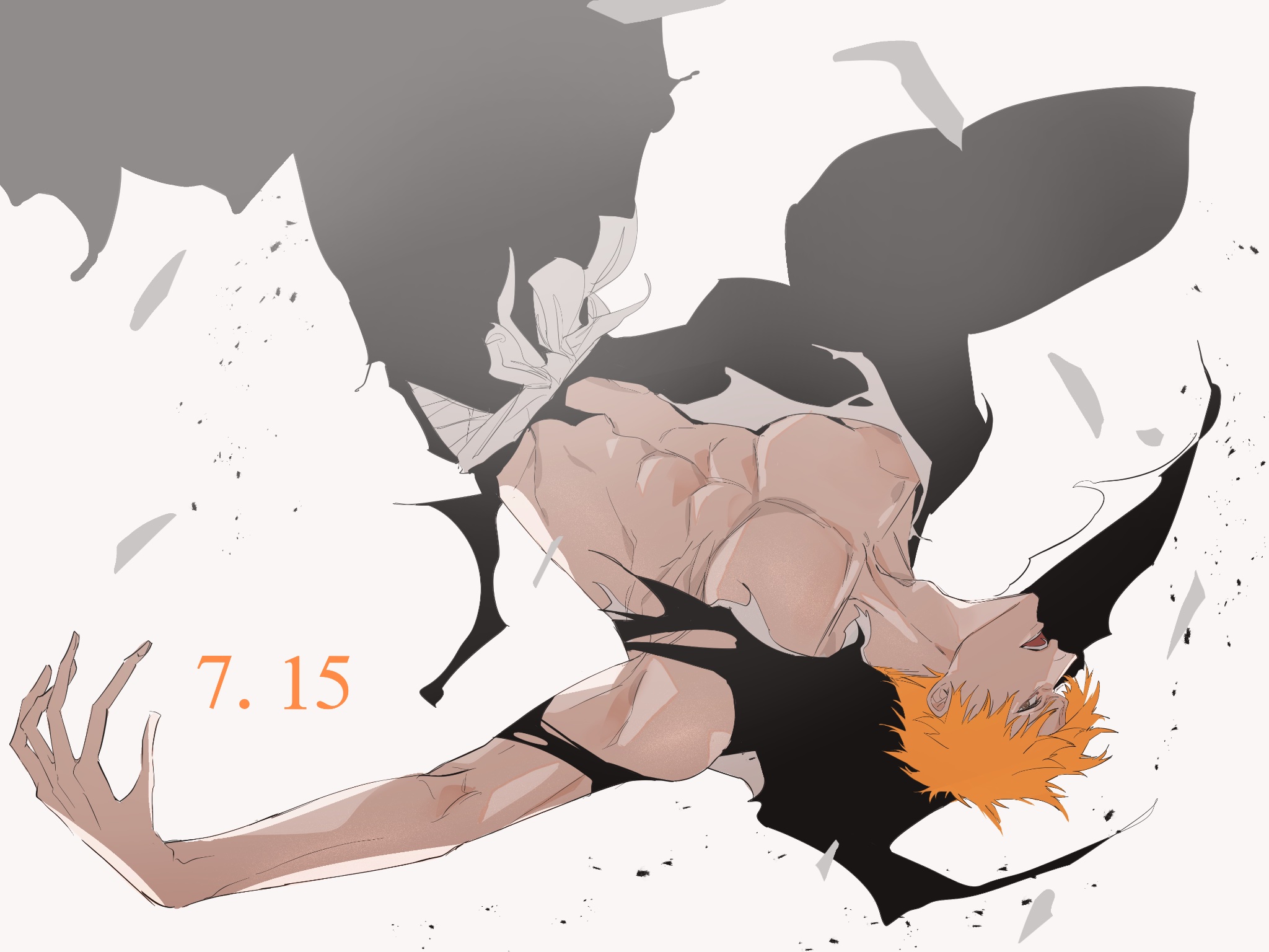 mozukurinn, kurosaki ichigo, bleach, highres, 1boy, abs, black kimono, dated, feet out of frame, japanese clothes, kimono, male focus, muscular, muscular male, open mouth, orange hair, pectorals, shihakusho, short hair, solo, spiked hair, torn clothes, white background
