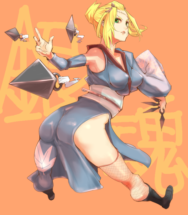 aguhari, tsukuyo, tsukuyo (gintama), gintama, bad id, bad pixiv id, 00s, 1girl, ass, blonde hair, female focus, fishnet thighhighs, fishnets, green eyes, kunai, ninja, scar, solo, thighhighs, weapon