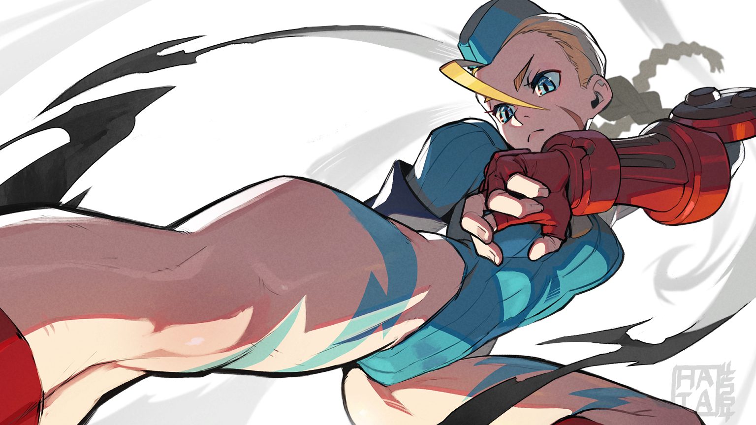 hata4564, cammy white, street fighter, street fighter zero (series), 1girl, ahoge, armband, blonde hair, blue eyes, blue leotard, bodypaint, braid, breasts, dynamic pose, facial scar, fingerless gloves, flying kick, foreshortening, garrison cap, gloves, hat, highleg, highleg leotard, huge ahoge, kicking, leotard, long braid, long hair, medium breasts, necktie, red gloves, ribbed leotard, scar, scar on cheek, scar on face, serious, sleeved leotard, small breasts, solo, thighs, thong leotard, twin braids, v-shaped eyebrows, white background