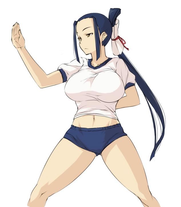 nekomamire, kokuyou (tsugumomo), tsugumomo, 1girl, arm behind back, black hair, blue hair, breasts, buruma, female focus, fighting stance, gym uniform, huge breasts, kung fu, legs, long hair, midriff, navel, ponytail, simple background, solo, tai chi, white background