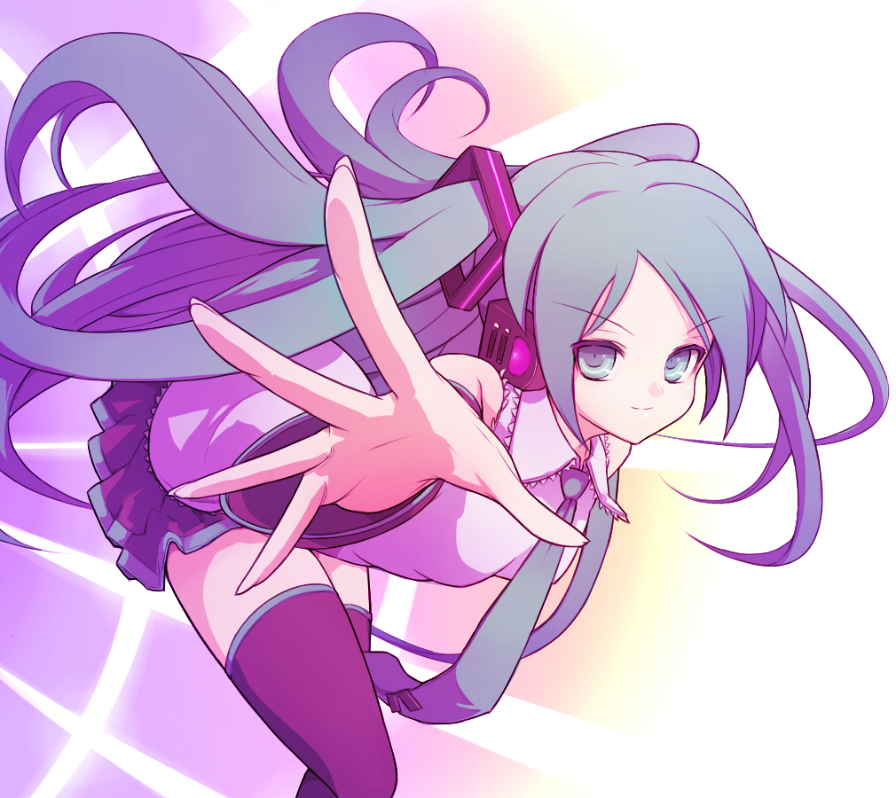 takunama, hatsune miku, vocaloid, blue eyes, blue hair, detached sleeves, foreshortening, hair ornament, long hair, miniskirt, necktie, pleated skirt, skirt, smile, solo, thighhighs, twintails, zettai ryouiki