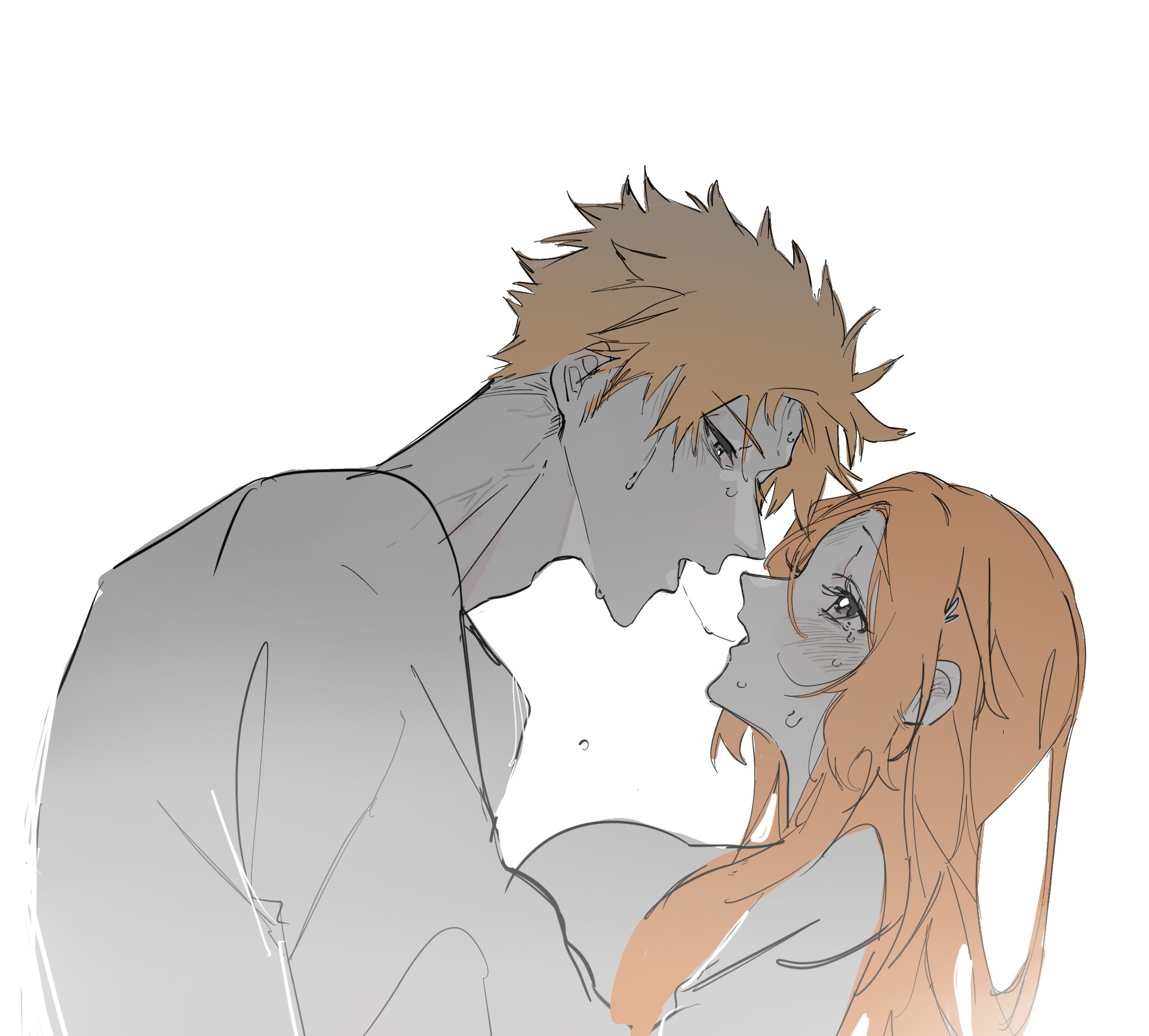 mozukurinn, inoue orihime, kurosaki ichigo, bleach, highres, 1boy, 1girl, after kiss, blush, breasts, couple, grey eyes, hair ornament, hetero, large breasts, long hair, looking at another, open mouth, orange hair, saliva, saliva trail, short hair, snowflake hair ornament, spiked hair, sweat, upper body, white background