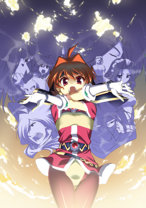 hyouju issei, tsukiyo-b, amelia wil tesla seyruun, gourry gabriev, lina inverse, ozel, zelgadiss graywords, slayers, slayers revolution, 00s, 3girls, 5boys, brown hair, cape, cosplay, frown, gloves, looking at viewer, multiple boys, multiple girls, open mouth, pantyhose, sky, x arms