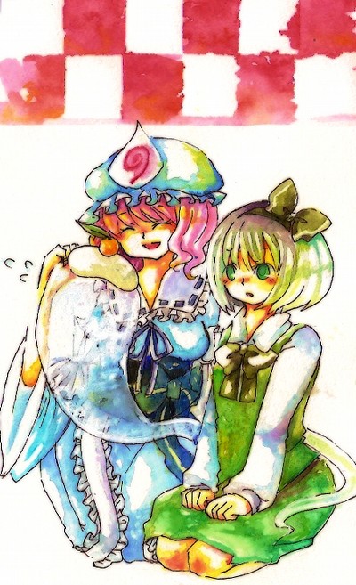 miro (vert37), konpaku youmu, konpaku youmu (ghost), saigyouji yuyuko, touhou, silver hair, bad id, bad pixiv id, 2girls, female focus, ghost, green eyes, hairband, hat, hitodama, multiple girls, pink hair, short hair
