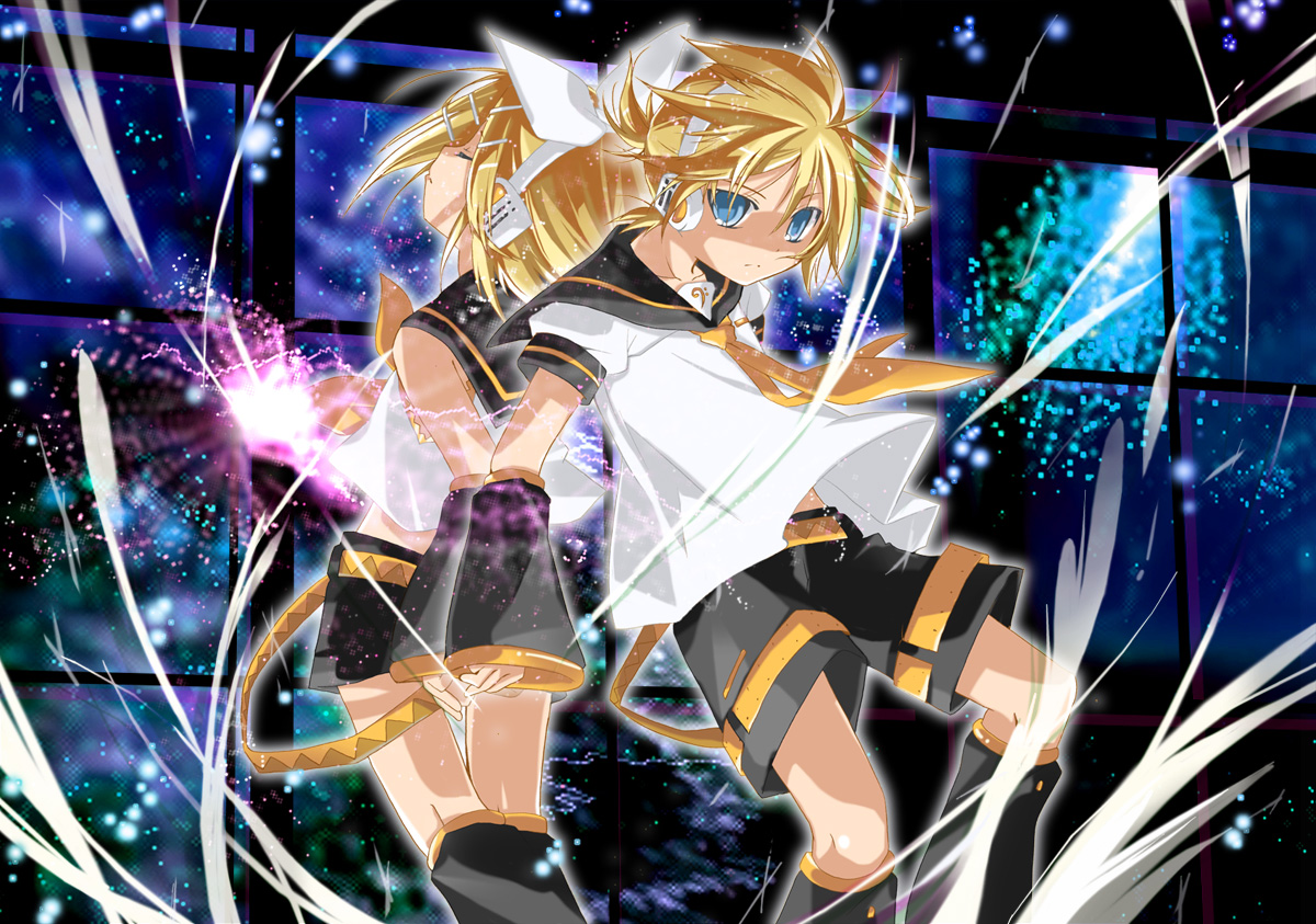 hekicha, kagamine len, kagamine rin, vocaloid, 1boy, 1girl, blonde hair, blue eyes, bow, brother and sister, detached sleeves, hair bow, headphones, necktie, short hair, shorts, siblings, twins, yellow necktie