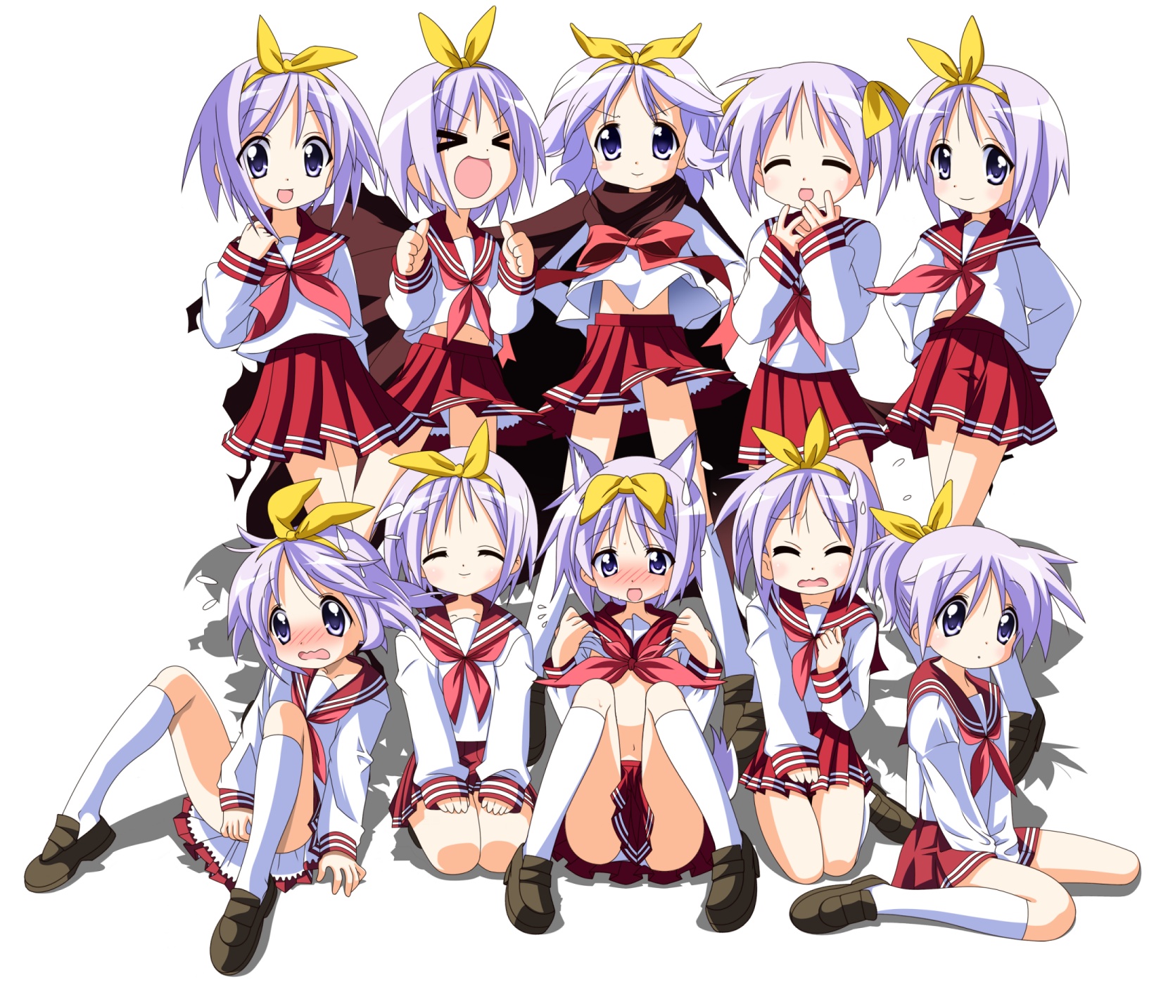rindou (awoshakushi), hiiragi tsukasa, lucky star, highres, > <, 00s, 6+girls, alternate hairstyle, animal ears, blush, cape, clone, closed eyes, clothes lift, dog ears, embarrassed, hair ornament, hair ribbon, hairband, happy, kneehighs, kneeling, laughing, midriff, miniskirt, multiple girls, multiple persona, navel, panties, pantyshot, pleated skirt, purple eyes, purple hair, ribbon, school uniform, serafuku, shirt lift, short hair, sitting, skirt, smile, socks, sweat, tail, underwear, upskirt
