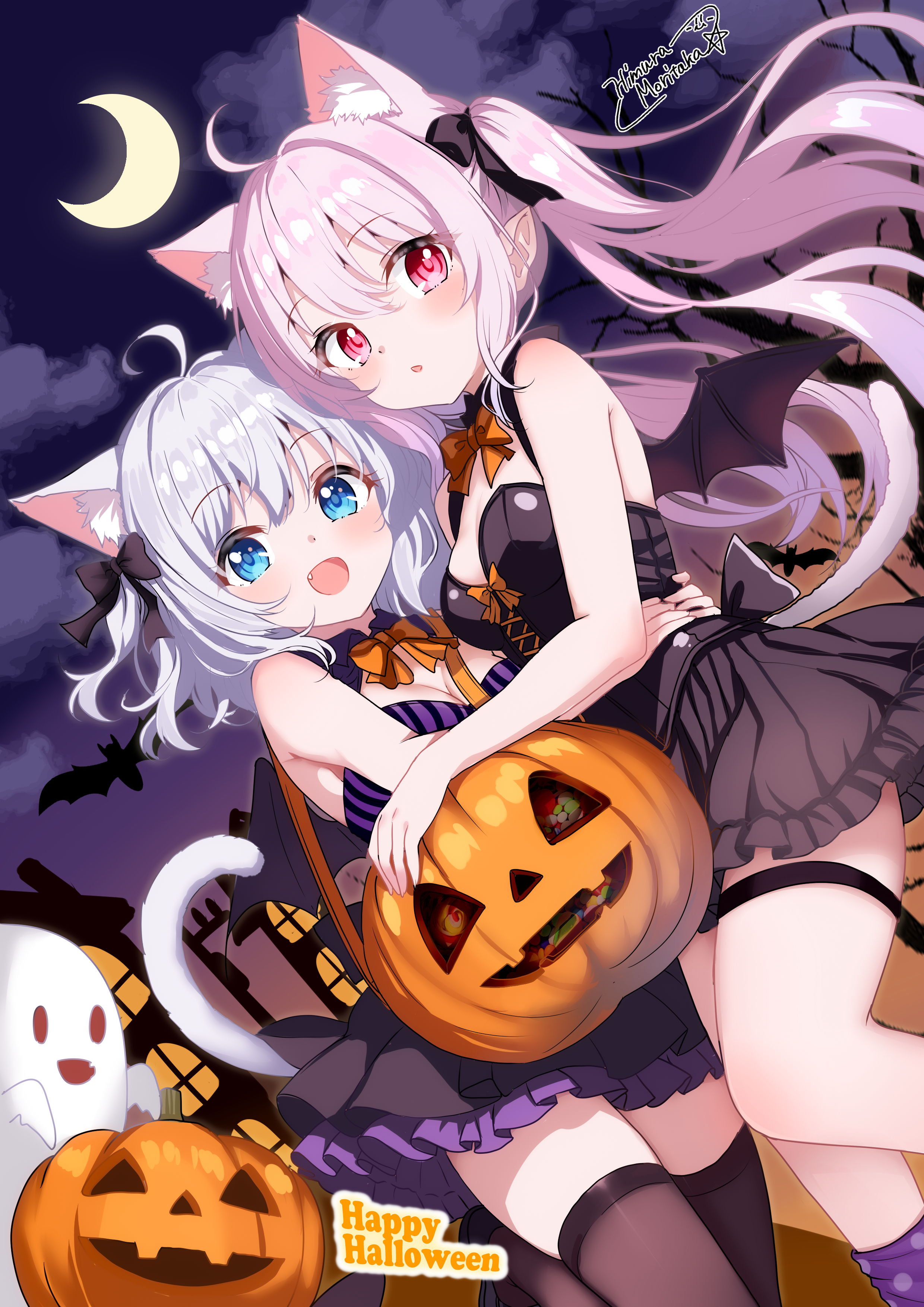 himura moritaka, original, absurdres, commentary request, highres, 2girls, :d, animal ear fluff, animal ears, black dress, blue eyes, blush, breasts, cat ears, cat girl, cat tail, crescent moon, dress, frilled dress, frills, ghost, grey hair, hair between eyes, hair ribbon, halloween, jack-o'-lantern, layered dress, long hair, looking at viewer, medium hair, moon, multiple girls, night, open mouth, pink hair, purple dress, red eyes, ribbon, sidelocks, signature, small breasts, smile, tail